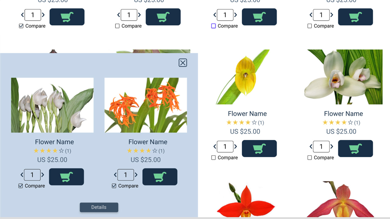 Ecuagenera redesigned compare feature showing the selected orchids right next to each other.