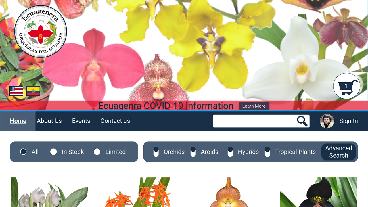 Ecuagenera redesigned home page with a streamlined header image, simplified menu, advanced search feature, and the orchids are now above the fold.